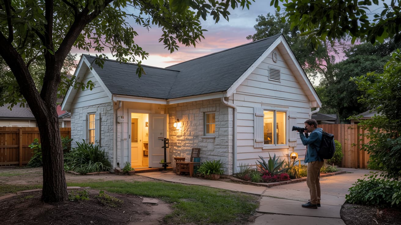 Professional photographer taking photos of a beautiful house at dusk