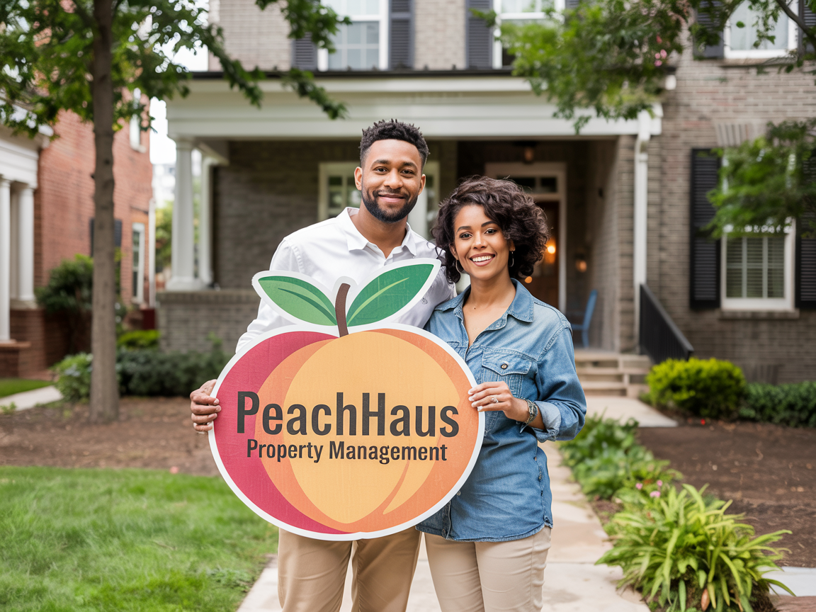 Happy couple holding PeachHaus Property Management sign in front of beautiful Savannah home