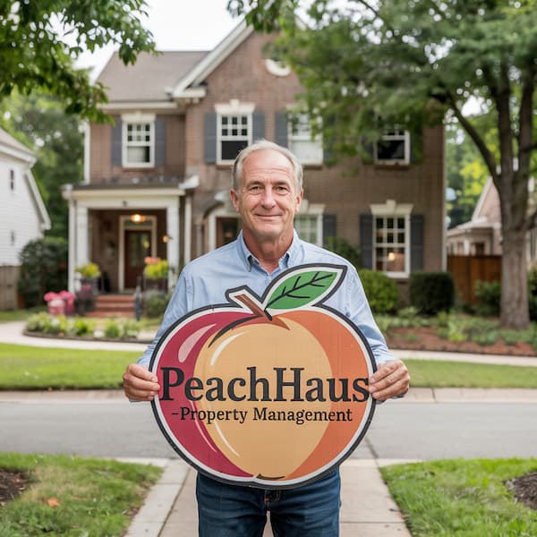 Senior property owner with PeachHaus sign