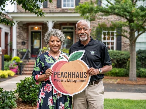 Senior couple property owners with PeachHaus sign